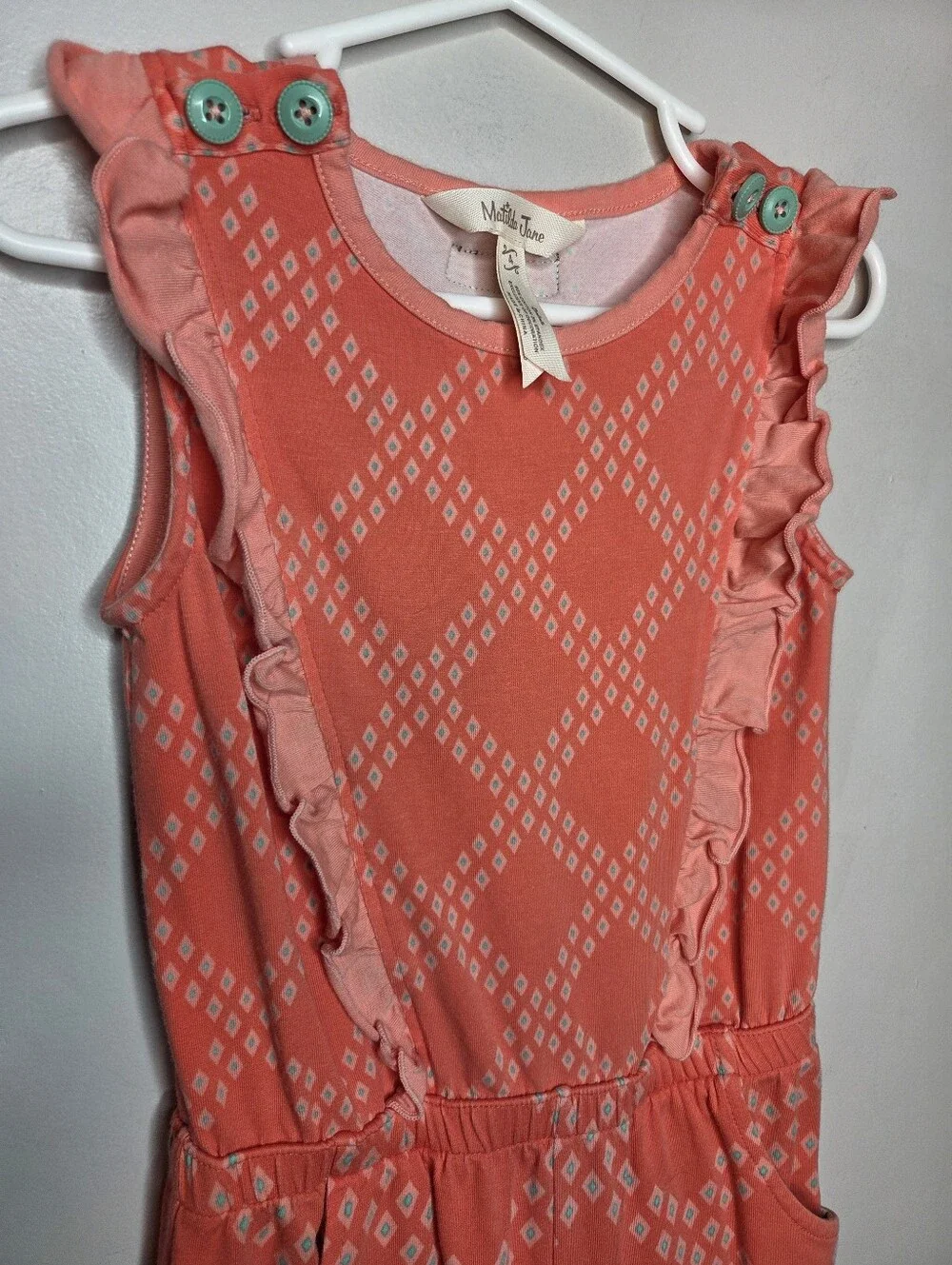 Matilda Jane Girls Coral Ruffle Romper Jumpsuit Size 4 Diamond Print Pockets
